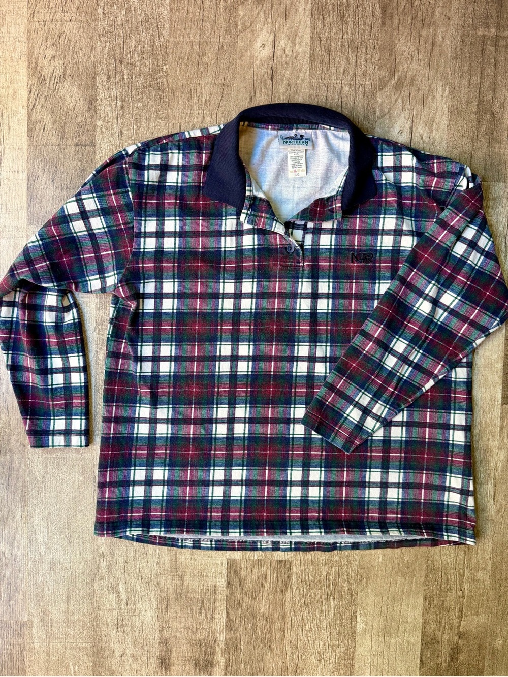 Vintage Plaid Long Sleeve Rugby Polo Shirt Navy Collar Crest Embroidery